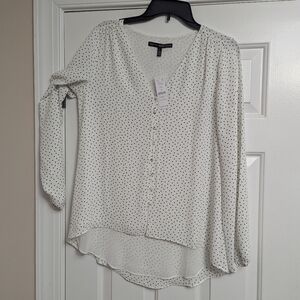 White House Black Market V-Neck Blouse with Black Polka Dots